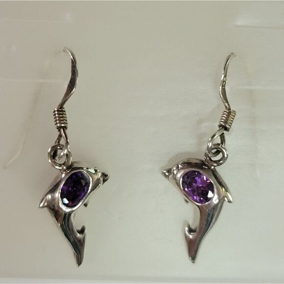 Sterling Silver Dolphin Amethyst Hook Earrings - Picture 1 of 6